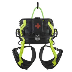 Back of Edelrid TreeRex Triple Lock Arborist Harness with first aid kit mounted 